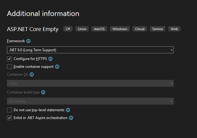 Create new project dialog